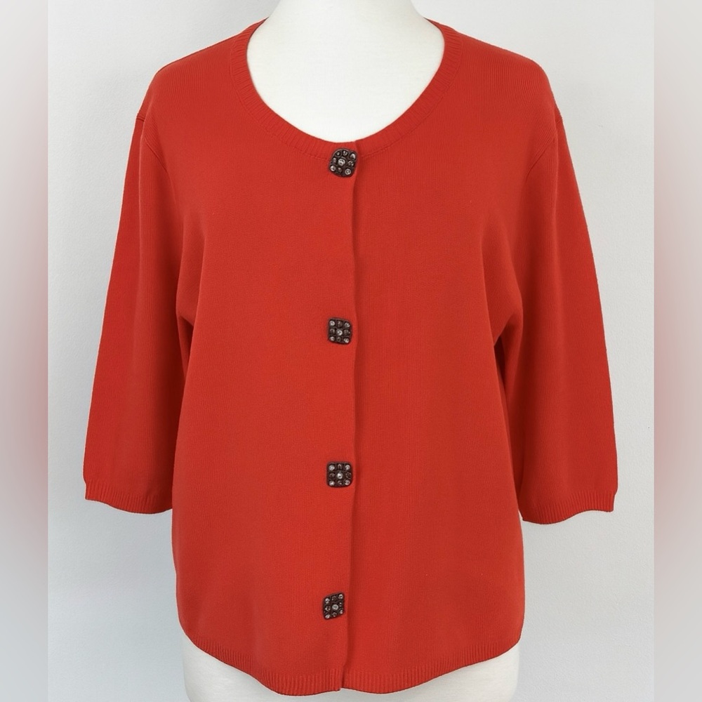 Josephine Chaus Coral Knit Cardigan XL Half Sleeve Beaded Button Sweater Top